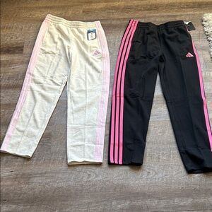 Adidas Kids Sweatpants Duo — Black with Pink Stripes & Cream with Pink Trim